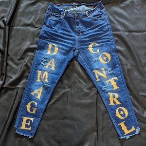 Damage Control Distressed High waist Jeans with Rhinestones